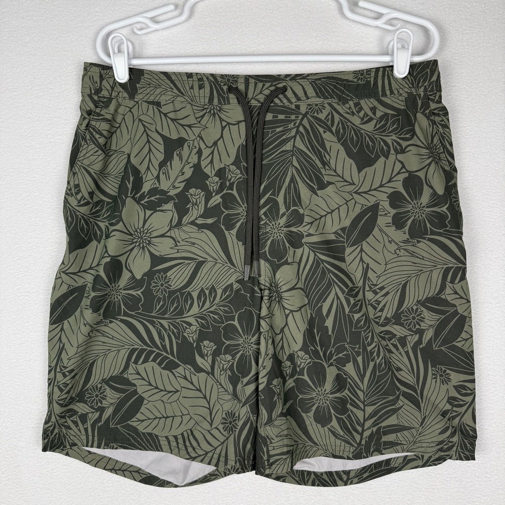 Kirkland Mens L Swim Shorts Olive‎ Green Floral Leaf Mesh Liner Tropical Beach